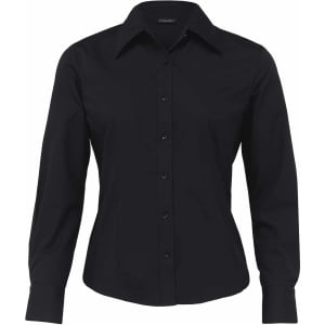 A black women's button-up shirt featuring a classic collar and long sleeves, with a logo present.