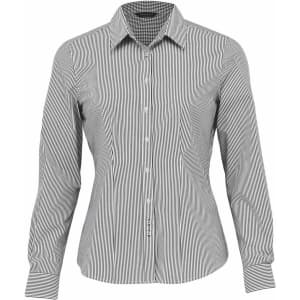 A women's button-up shirt featuring a black and white striped pattern, with long sleeves and a collar. It has a logo.