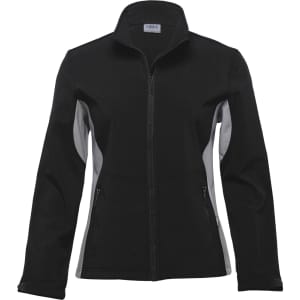 A women's soft shell jacket in black with grey side panels, featuring a full front zipper and two pockets.