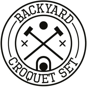 A circular logo featuring crossed mallets and a ball, accompanied by the text "Backyard Croquet Set" in black.