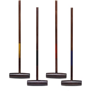 A backyard croquet set featuring four wooden mallets with coloured markings in yellow, black, red, and purple.