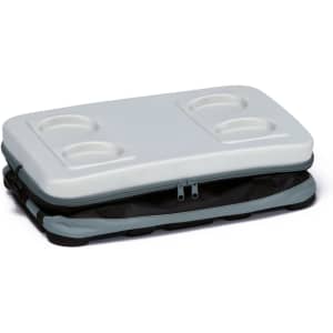A grey EVA Big Chill Cooler with a white lid featuring two cup holders, zipped open to reveal its interior.