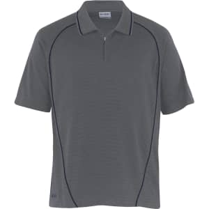 A grey polo shirt with short sleeves, featuring contrasting piping and a zip collar, along with a logo.