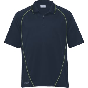 A navy polo shirt with lime green piping and a collar, featuring a logo on the chest.