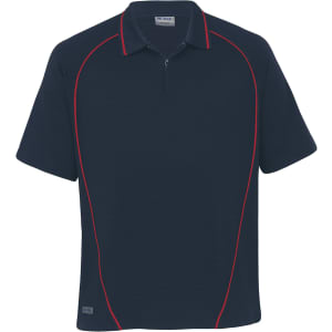 A navy polo shirt with red piping and a logo on the side, featuring a zip collar and short sleeves.