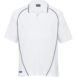 A white polo shirt with navy piping and a zip collar, featuring a logo on the hem.