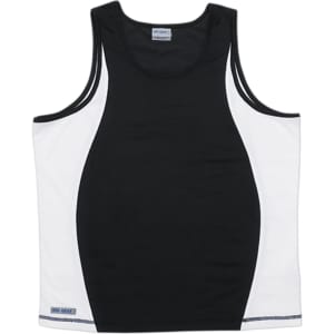 A black and white men's singlet featuring a logo, designed for active wear.