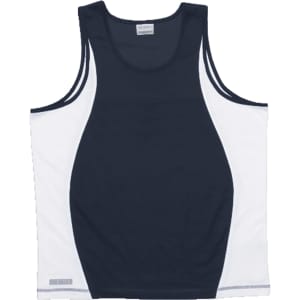 A men's singlet featuring navy blue and white panels, with a logo on the side.