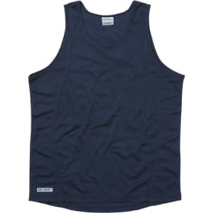 A navy blue men's singlet featuring a logo, made from lightweight, moisture-wicking fabric.