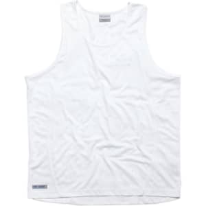 A plain white singlet for men, featuring a logo and soft fabric. Suitable for casual wear or active use.