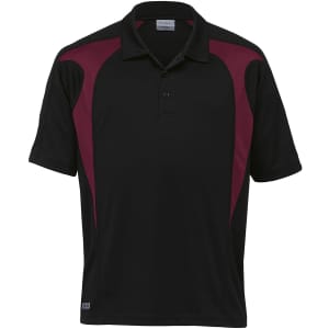 A black polo shirt featuring maroon spliced accents and a logo on the chest. Short sleeves and a classic collar.