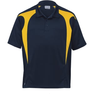 A navy and yellow polo shirt featuring a logo, with a spliced design for a modern look.