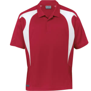 A red polo shirt with white spliced panels and a collar, featuring a logo on the side.