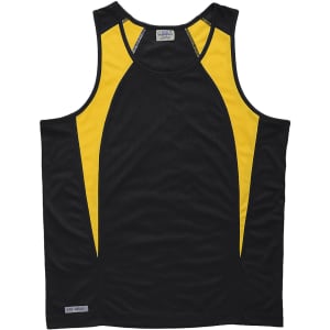 A black and yellow Dri Gear Spliced Zenith singlet with a logo, featuring a sporty design and sleeveless style.