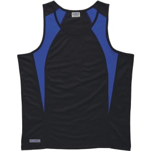 A black singlet with blue spliced panels, featuring a logo. Suitable for men's active wear.