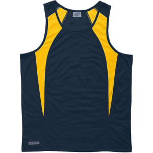 A navy and yellow spliced singlet for men, featuring a logo. Suitable for active wear.