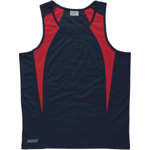 A men's singlet in navy blue with red spliced accents. Features a logo on the hem.