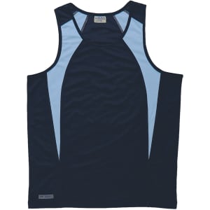 A men's singlet in navy blue with light blue side panels and a logo on the hem.