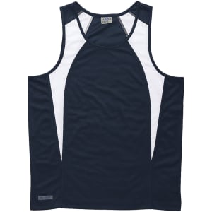 A navy and white men's singlet with a logo. Features a spliced design and sporty cut.