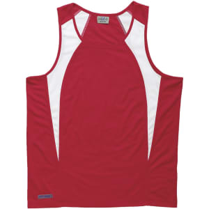 A red men's singlet with white spliced panels and a logo on the hem. Suitable for sports and casual wear.