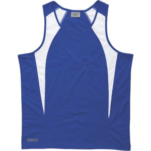 A blue singlet with white spliced panels, featuring a logo at the bottom. Suitable for men's activewear.