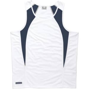 A white men's singlet with navy blue spliced panels and a logo. Suitable for athletic or casual wear.