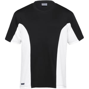 A black and white men's short-sleeve T-shirt featuring a logo on the front. Ideal for active wear.