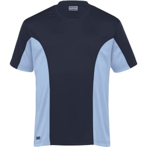 A men’s active tee in navy and light blue, featuring a logo and a sporty design.