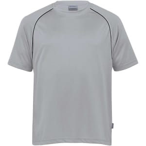 A light grey t-shirt featuring twin piping details and a logo on the front. Short sleeves and a round neck design.