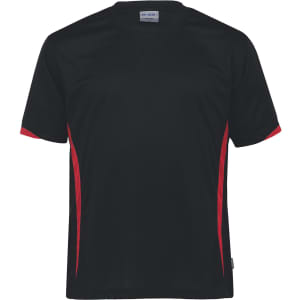 A black t-shirt featuring red accents and a logo on the front. Short sleeves and casual design.