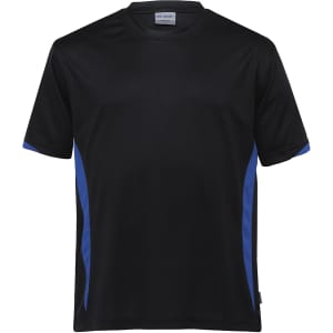 A black t-shirt with blue side panels, featuring a logo on the front.