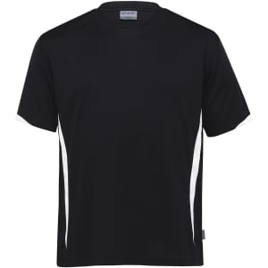 A black T-shirt with white accents and a logo. This product is designed for active wear and comfort.