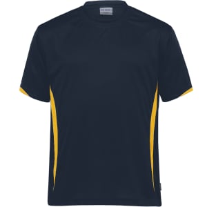 Navy and yellow short-sleeve Dri Gear Zone Tee featuring a logo, designed for comfort and performance.