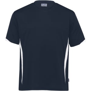 A navy blue T-shirt featuring white side stripes and a logo on the chest.