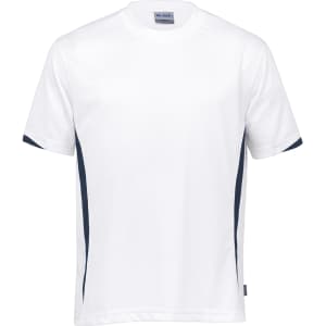 A white short-sleeve t-shirt with navy blue side panels and a logo on the front.