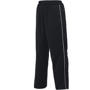 Black microfibre track pants with a white side stripe and an elastic waistband. Features a logo on the side.