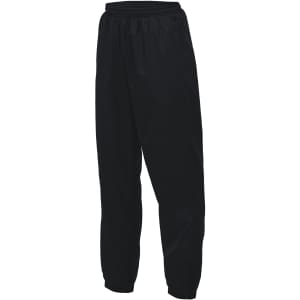Black nylon trackpants with an elastic waistband and a logo. Suitable for casual or athletic wear.