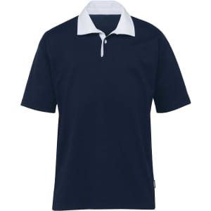 A navy rugby jersey featuring a white collar and short sleeves. It includes a logo on the front.