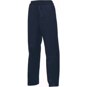 Navy ripstop trackpants with an elastic waistband, featuring a simple design and branding.