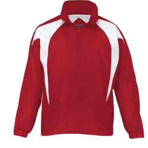 A red jacket with white accents and a high collar. It features a logo on the front.