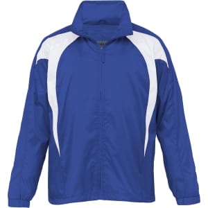 A blue jacket with white accents and a zip-up front. Features a high collar and a logo.