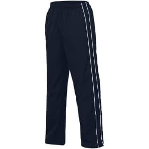 Navy trackpants featuring twin white stripes down the sides and an elastic waistband. Includes a logo.