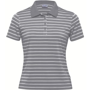 A women's polo shirt in grey with white stripes, featuring a collared neckline and button detailing. Includes a logo.