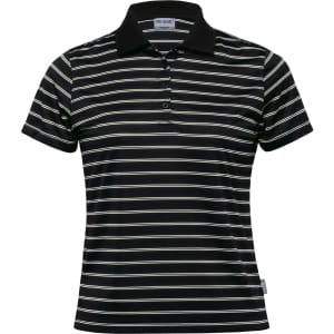 A women's polo shirt featuring black and cream stripes, with a classic collar and a logo on the side.