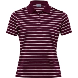 A women's polo shirt in burgundy with white horizontal stripes and a collar, featuring a logo on the chest.