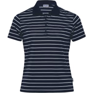 Navy and white striped polo shirt for women with a collar and a logo on the side.