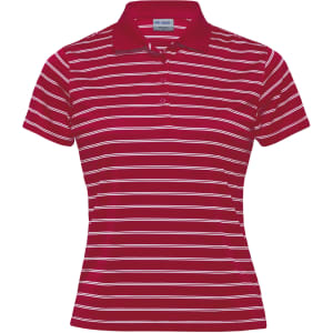 A red and white striped women's polo shirt featuring a classic collar and buttons, with a logo on the chest.