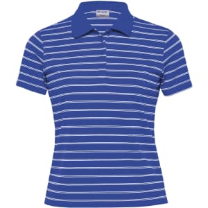 A women's polo shirt in blue with white horizontal stripes, featuring a collar and a logo on the chest.