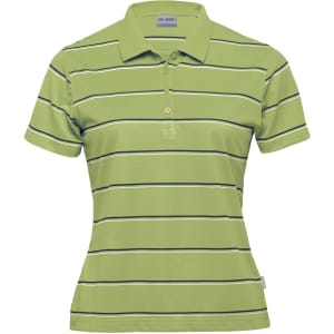 A women's polo shirt in light green with navy and white stripes, featuring a branded logo.