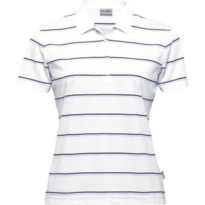 A white women's polo shirt featuring horizontal navy stripes and a logo on the side.